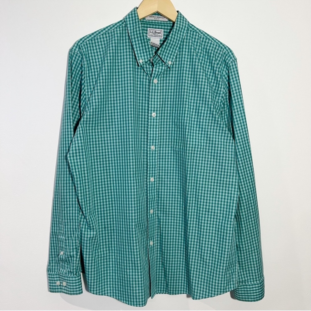 L.L. Bean Shirt Men Medium Wrinkle Resistant Slim Fit Green Gingham Cotton Large